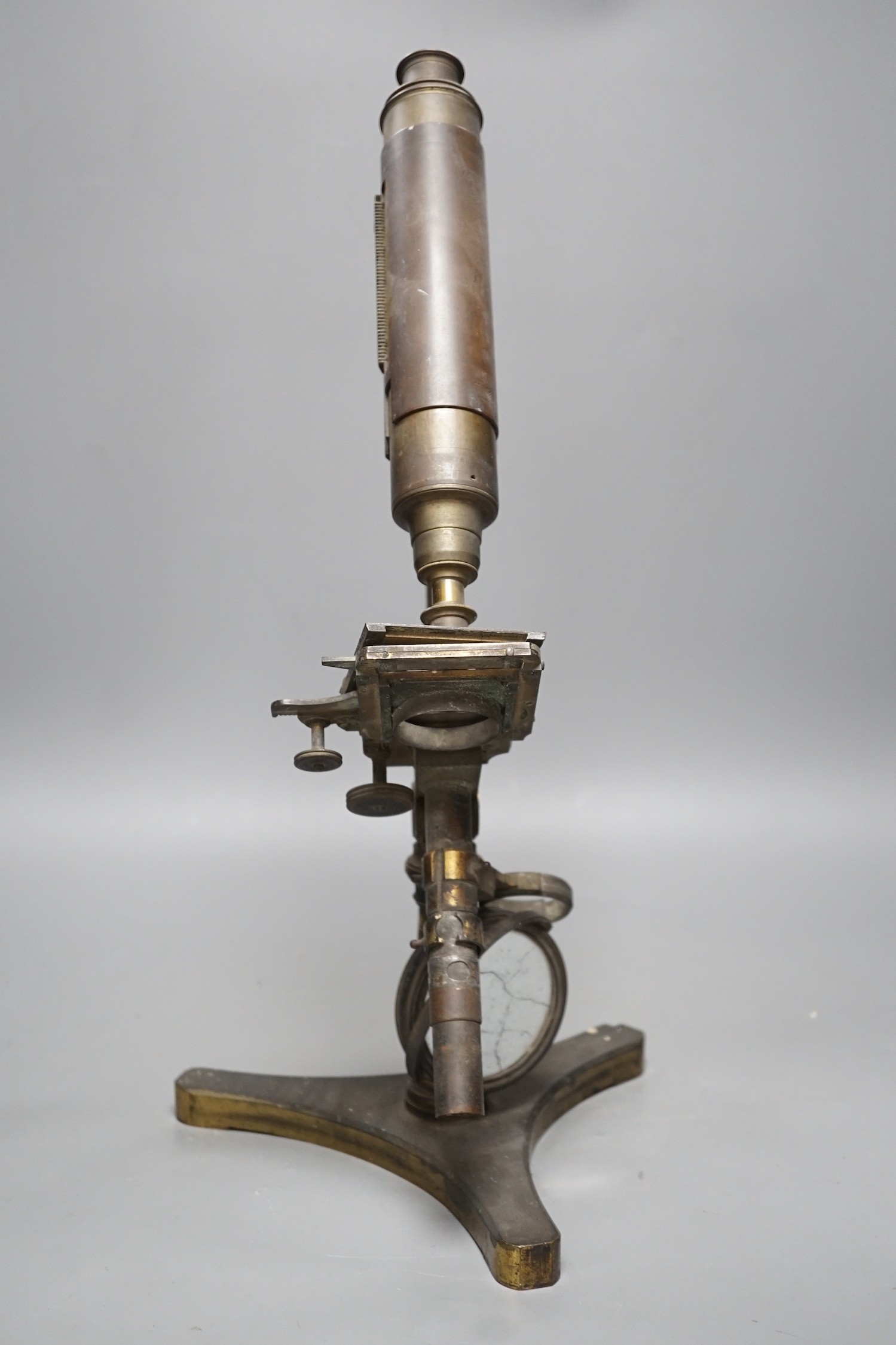 A Victorian brass microscope, 47cms high